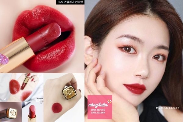 Son Chanel 627 Carmin Rouge Allure Velvet Camelia màu đỏ lạnh