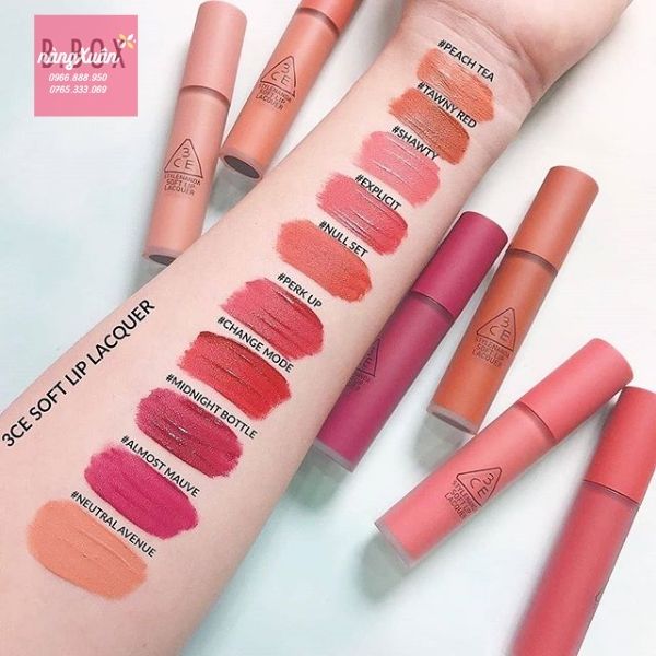 Bảng màu son kem 3CE Soft Lip Lacquer