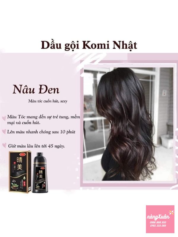 Dầu gội nhuộm tóc hữu cơ KOMI Brown Black (Màu Nâu Đen) 500ml Nhật Bản.